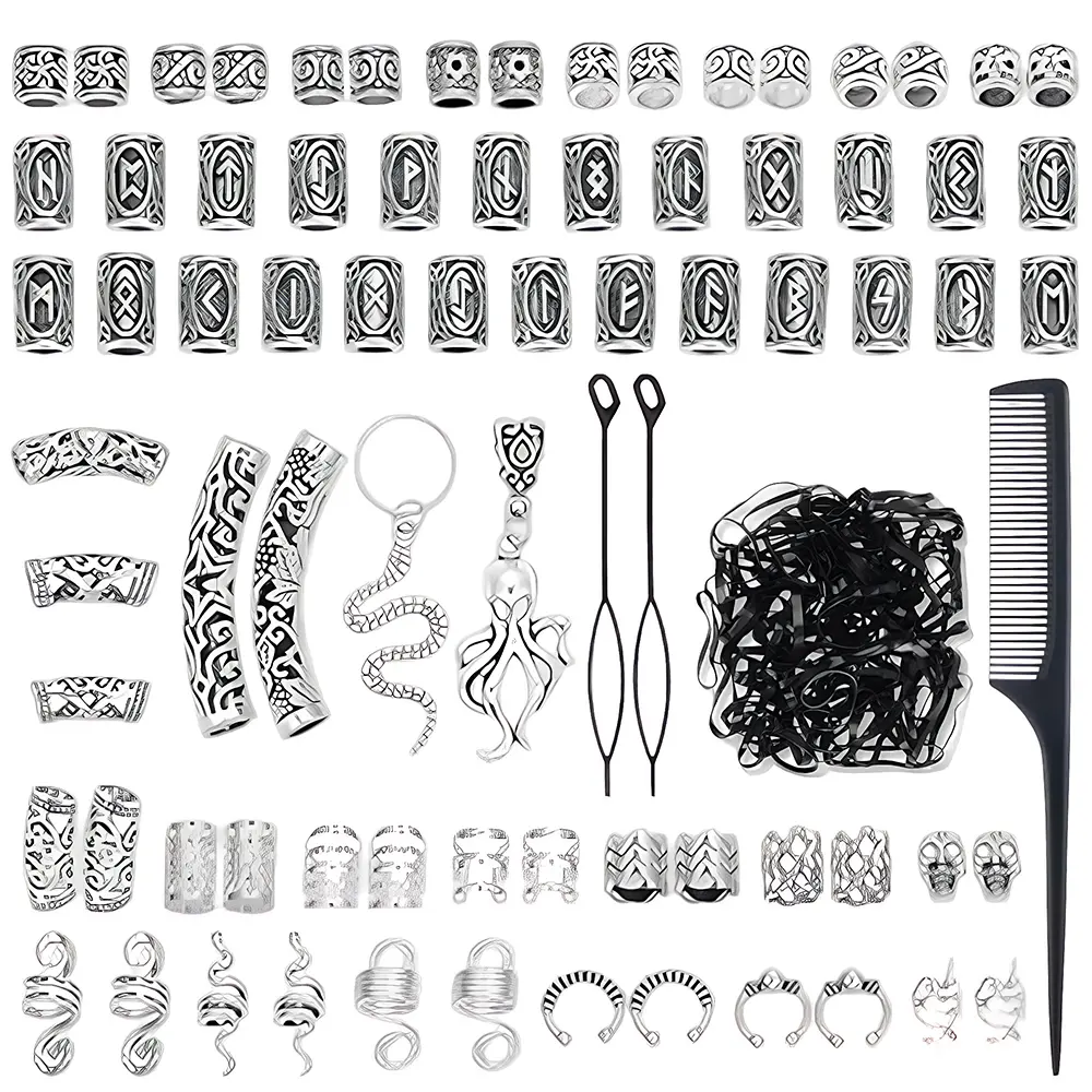 247PCS Vikings Hair Jewelry Norse Runes Tube Beads, Metal Clips Cuffs Rings, Accessories for Braids Dreadlocks Beads for Braiding Beard Decoration Bracelets Pendant Necklace DIY