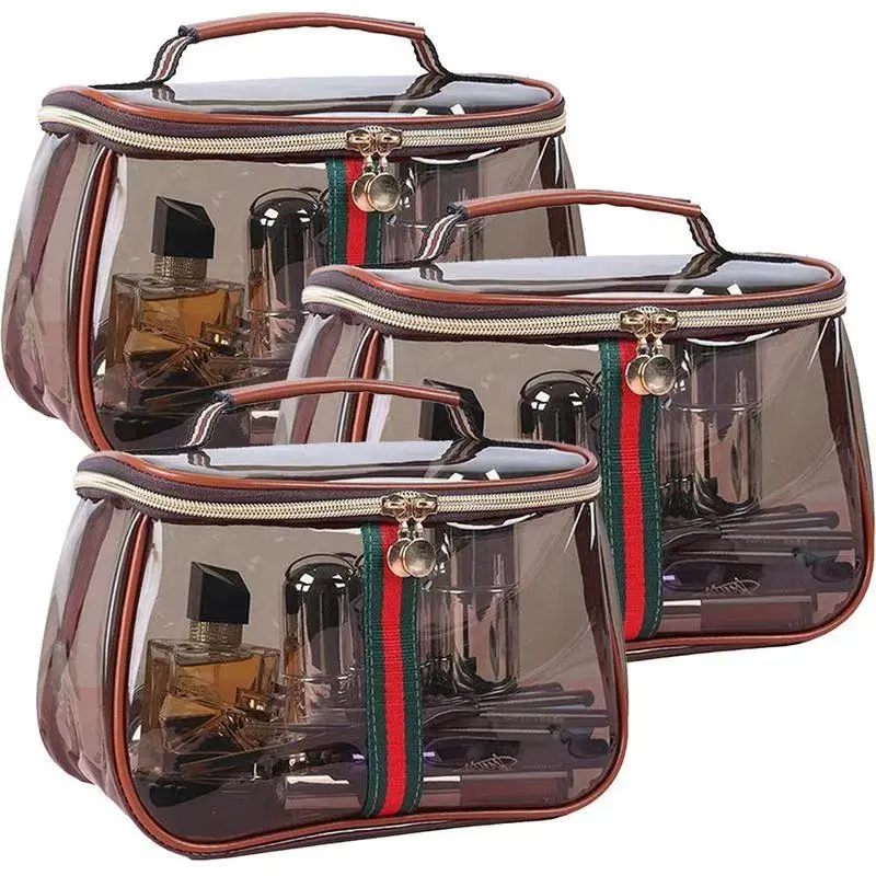 New Retro Vintage Vanity Bag, Clear Makeup Organizer with Handle,Large Capacity Waterproof Makeup Organizer bag with Zipper,Travel Cosmetic & Skincare Storage Case for Ladies (Coffee)
