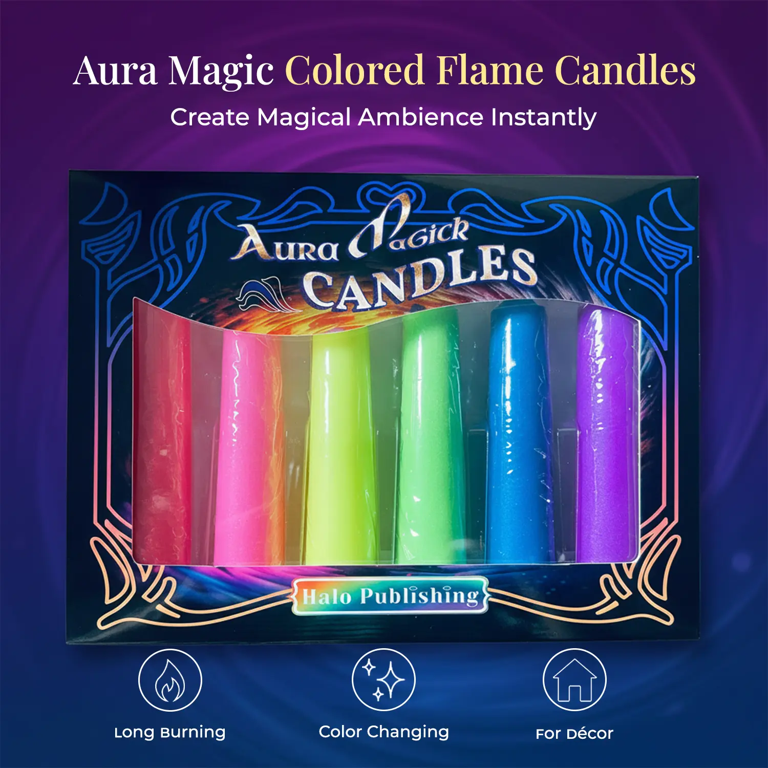 Halo Publishing Aura Magic Colored Flame Candles Long Burning Color Changing for Relaxation Parties and Decor Create Magical Ambiance with Vibrant Flames