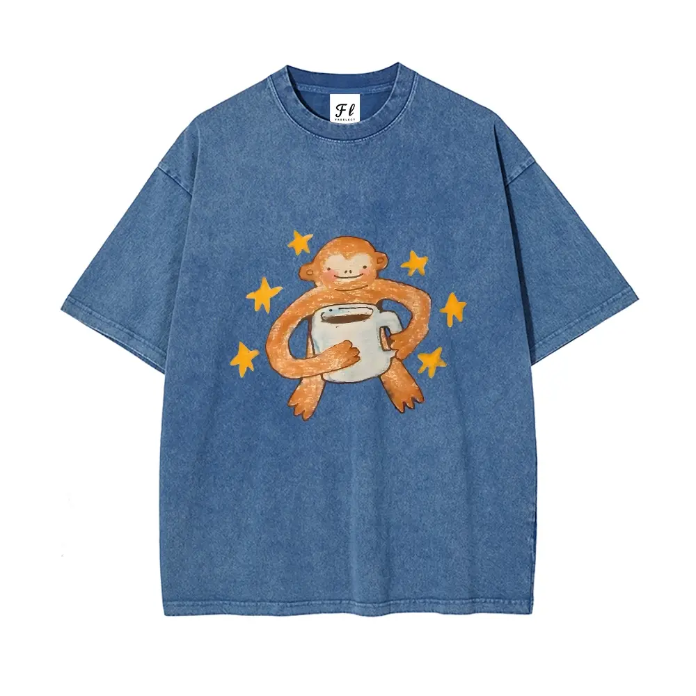 Men's Vintage 260g Heavyweight Cotton Round Neck Oversized Tee - Aesthetic Monkey Stars Graphic, Acid Washed Streetwear Top, Natural Fluffy Fabric, Casual, Outdoor,back to school,back to school shopping, Retro