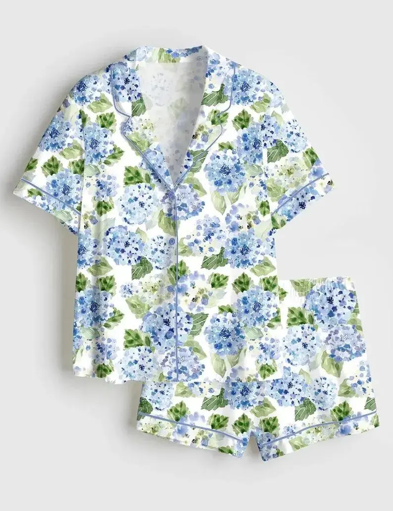 Women Watercolor Hydrangea Floral Pajama Set Blue Flower Botanical Garden Print Comfy Loose Short Sleeve Shorts Summer Sleepwear Cottagecore Pjs