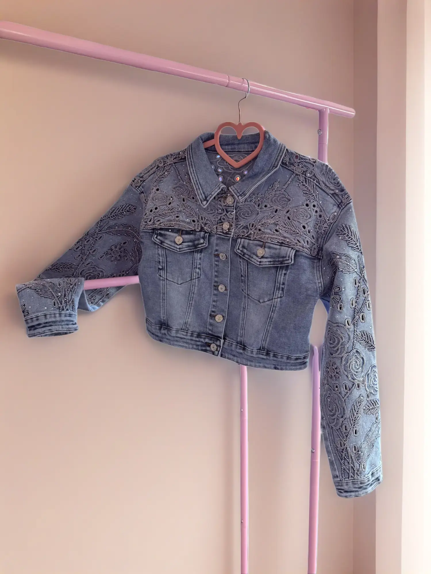 Women's Embroidered Floral Eyelet Cropped Denim Jacket