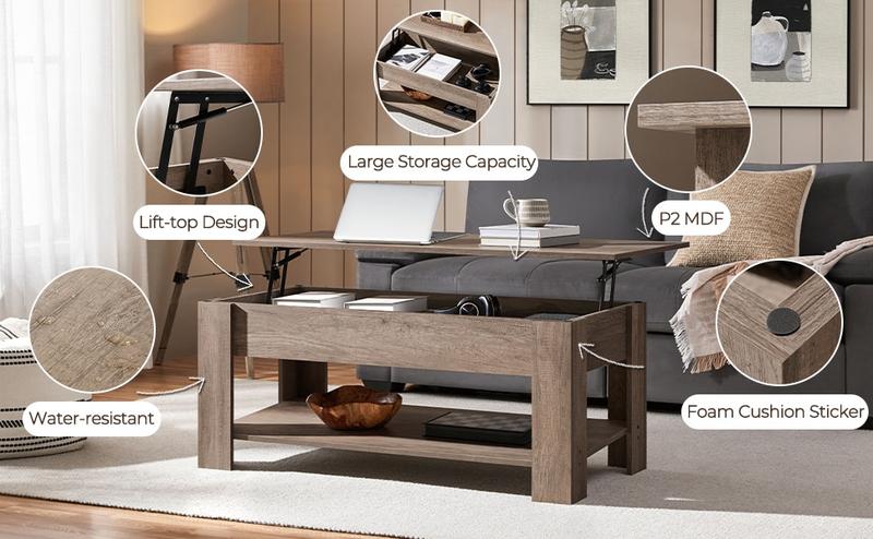 Costoffs 47.5″ Lift-Top Coffee Table with Hidden Storage Adjustable Open Shelf Dual Storage Soft Operation Small Space Friendly