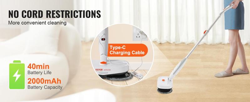 VEVOR Cordless Electric Mop Sweeper, Electric Spin Mop with Water Tank, up to 40 mins Battery, LED Headlight, Dual Mop Heads, 4 Microfiber Pads & 4 Trapezoid Microfiber Pads, for Hardwood/Tile Floor