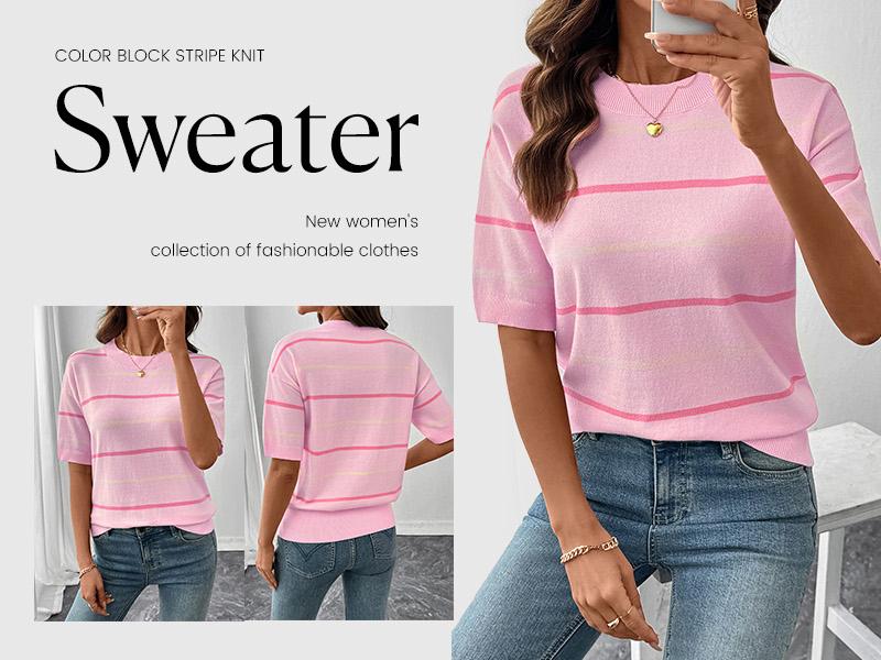 Shewin 2026 Spring/Summer Women's Short Sleeve Striped Sweatshirt - Soft Breathable Fabric Crew Neck Pullover Top for Daily Wear