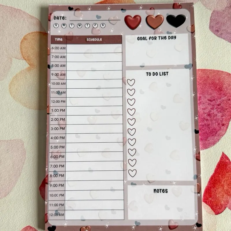 Neutral Hearts Hourly Planner Pad – 5x7, Tear Off Planner Pad, Aesthetic Stationery Memo Pad