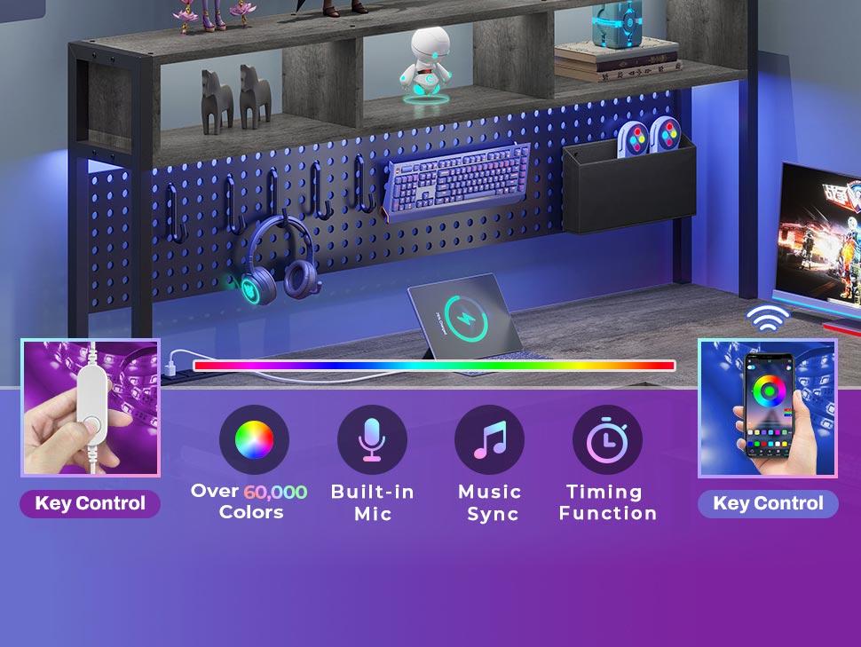 SEDETA Modern L-Shaped Gaming Table with Power Outlet & Reversible Pegboard Computer Desk with LED Lights Keyboard Tray & Storage Pocket Gamer's Table Corner Desk