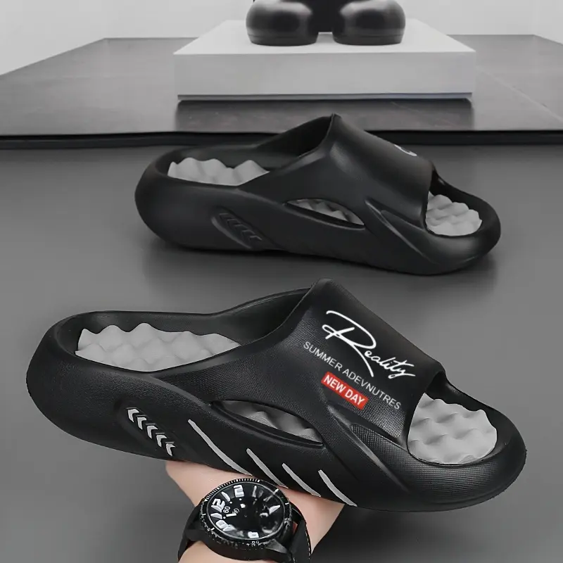 Men's Massage Slippers, Lightweight EVA Slip On Slides for Summer Stress Relief - Waterproof for Indoor & Outdoor Casual Wear, Footwear, Indoor Shoes, Ankle, Letter Print, Eva Sole, Men's Shoes, Indoors