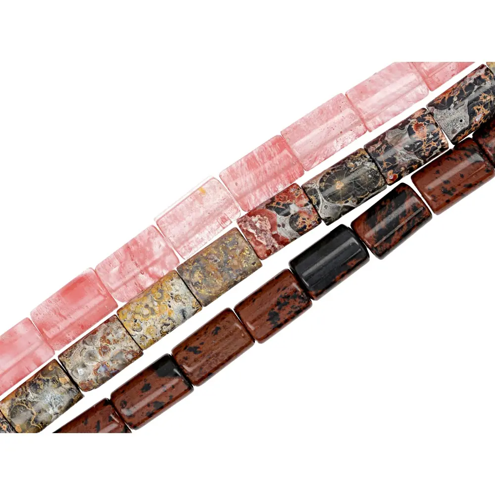 JTV Natural Stone Tube Beads Set of 3 - 8x12 Large Hole Beads, Mahogany Obsidian, Cherry Glass, Leopard Jasper for DIY Beading & Jewelry Making, Natural Stone Beads