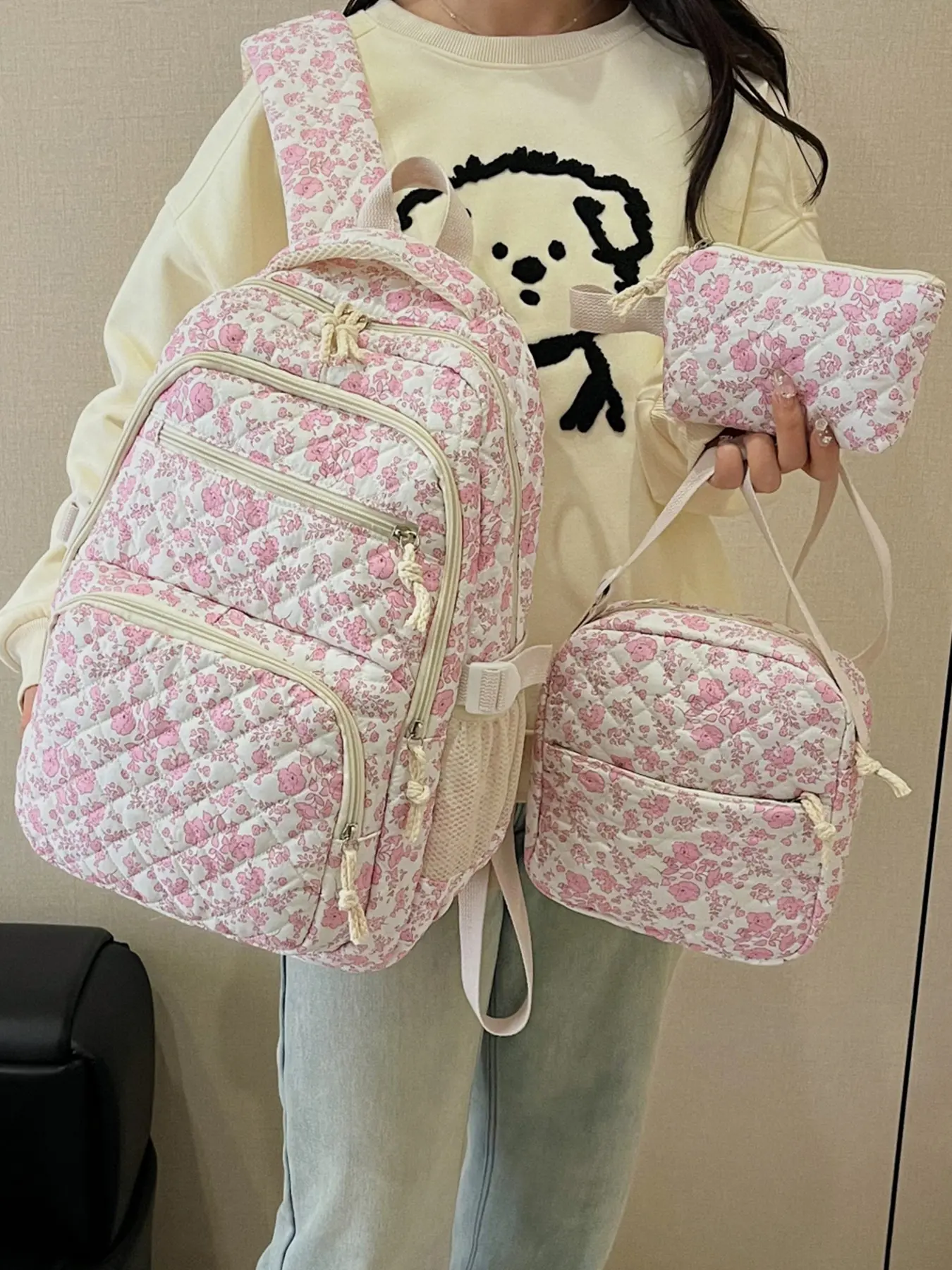 3pcs Women's Large-Capacity Backpack, Zipper Closure, Flower Print, Cute and Versatile Design, Personalized Trendy Style, Ideal for School, Commute, and Shopping, Casual Printed Backpack, Backpacks Women