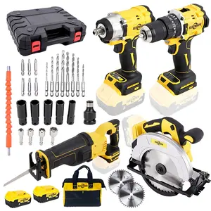 ELECMAPS For 20V Cordless Lithium Battery Brushless Motor Kit, Including 4 Tools And Accessories, Compact Kit, Including 1107 Lbs Rotary Drill, High Torque 430 Nm Impact Wrench, Cordless Reciprocating Saw And 7-1/4 Inch Brushless Electric Circular Saw.