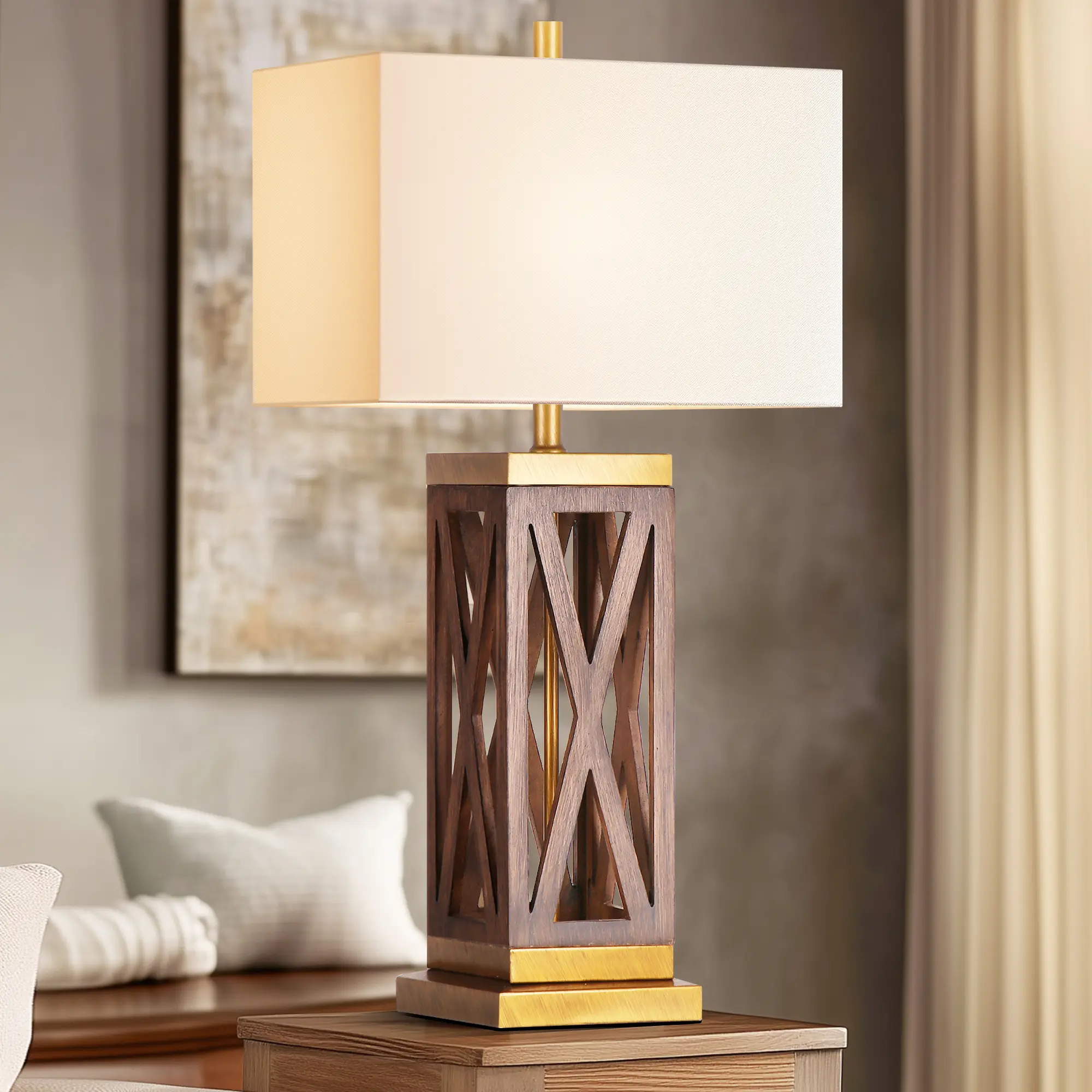 31.5in Vintage-Modern Mix Decorative Wooden Table Lamp with Gold Accent Bases & Shades, Classic Ready-to-Use Single Pack End Lamp for Living Room, Study Room