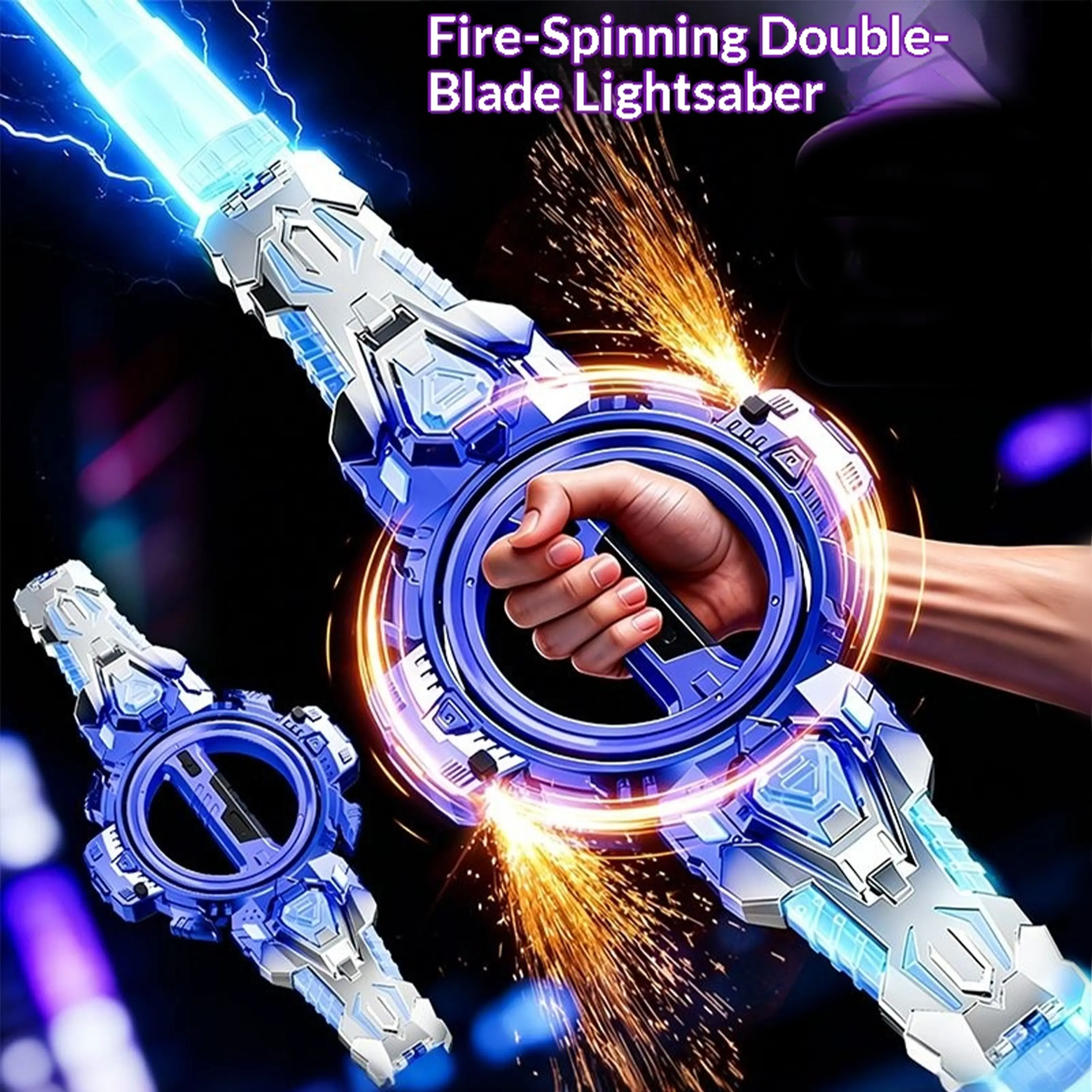 DKD Summer Special: Spark Sword Toy – Dual-Bladed, Rechargeable, Spinning Lightsaber with Multi-Color LEDs & Battle Sound Effects | Retractable Light-Up Sword | Ideal for Kids, Teens, & Cosplay Enthusiasts