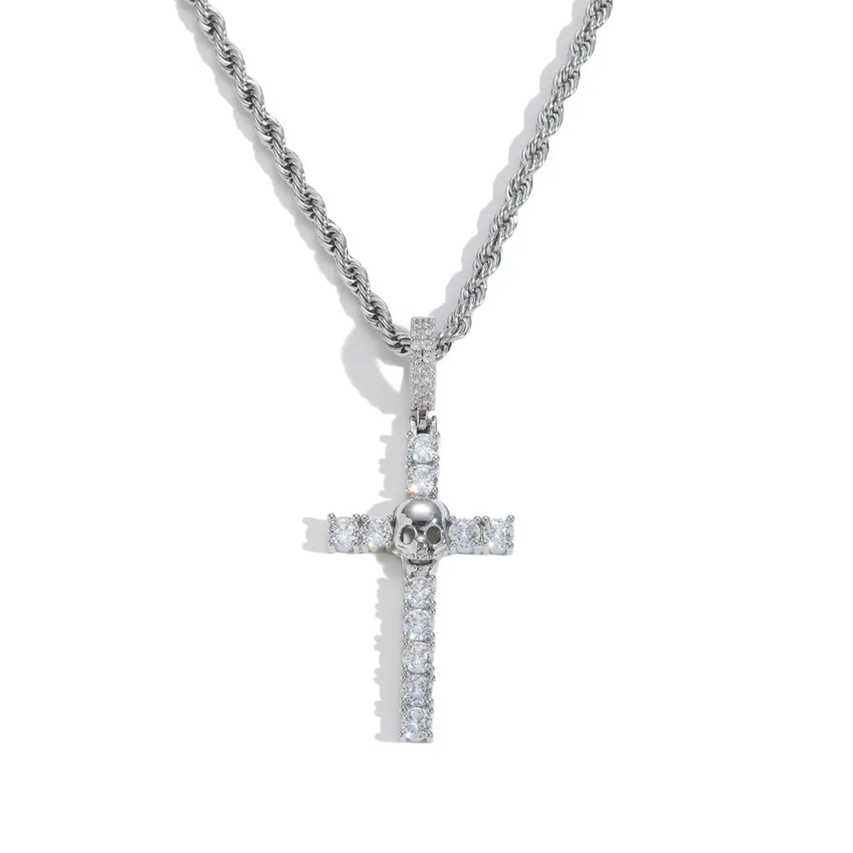 Skull Cross Necklace for Men Women, 14K Gold Platd  Pendant Necklace,  Solid Iced Cubic Zirconia Stainless Steel Pendant Chain