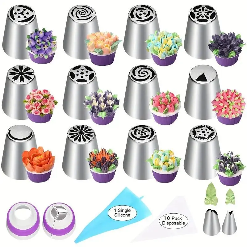 27 piece Russian style piping nozzle set, cake decoration tool, suitable for cupcakes, cookies, birthday parties, including 12 piping nozzles+10 disposable cream bags+2 leaf shaped piping nozzles+2 joints+1 silicone piping bag Baking Tools Baking Supplies