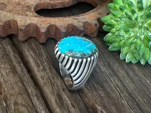 On The Ridge Top Ring - Sterling Silver Kingman Turquoise Swirled Ridge Signet Style Men's Ring