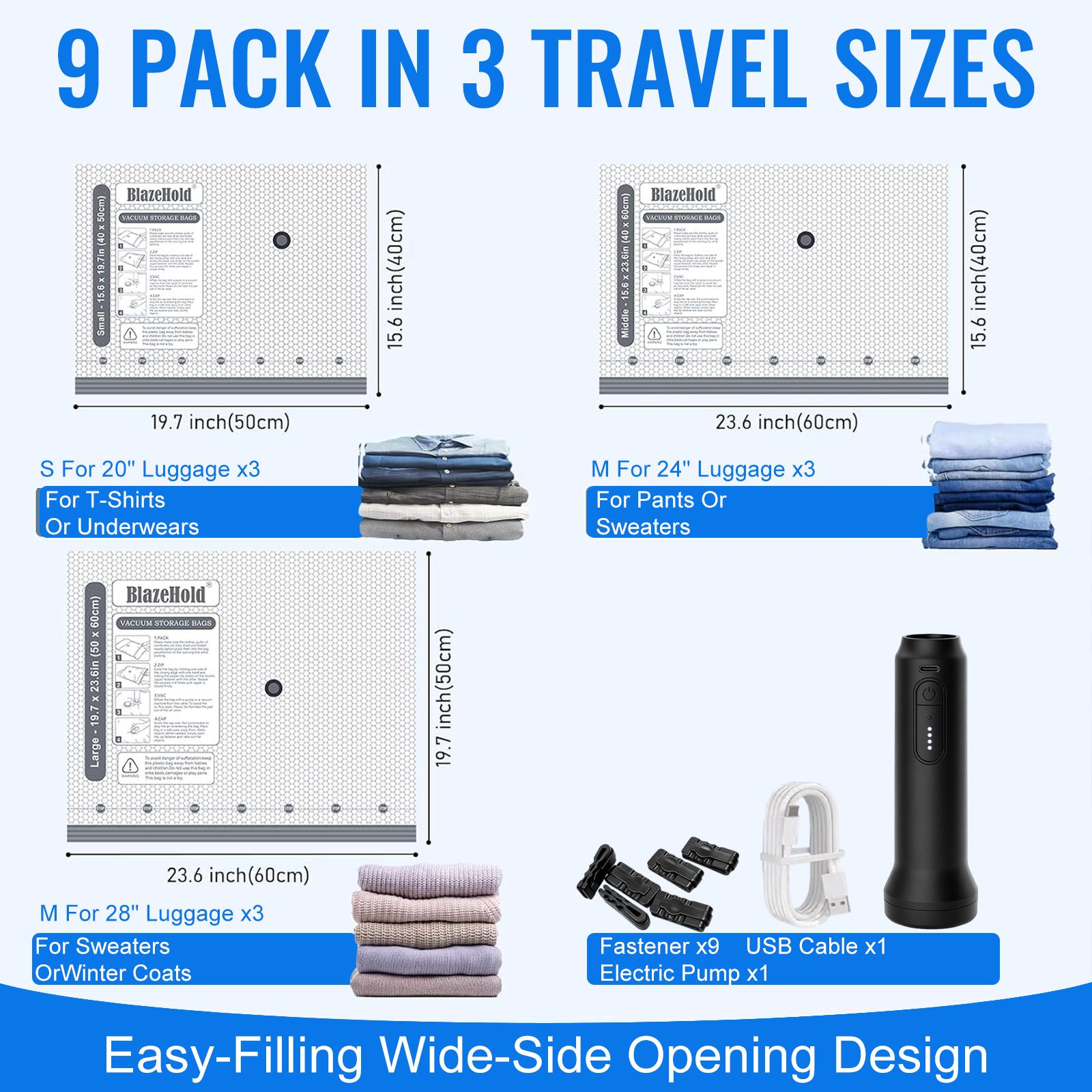 Cordless Electric Pump Vacuum Compression Zip Bags Set, Travel Storage Carry-On Luggage Packing Organizer Kit
