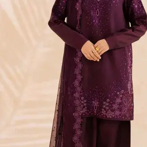 3pc stitched original Nureh outfit with silk shirt and farsho shalwar and chiffon embroidered  dupatta for eid and party wear