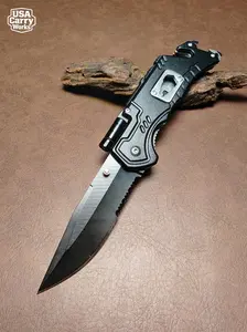 Black 5 in 1 multi function edc folding knife with led flashlight glass breaker seatbelt cutter bottle opener pocket tool utility blade everyday carry gear for outdoor camping hiking fishing emergency rescue perfect mens gift boyfriend dad husband present