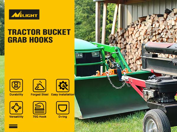 Nilight 3/8" Tractor Bucket Grab Hooks with 1/2" Tie Down Ring and 2" Receiver Grade 70 Forged Steel Bolt-On for John Deere Compact Tractor Bucket RV UTV Truck Max 4700LBS, Orange Open Pipes Parts Vehicle Tires Titanium Exhaust