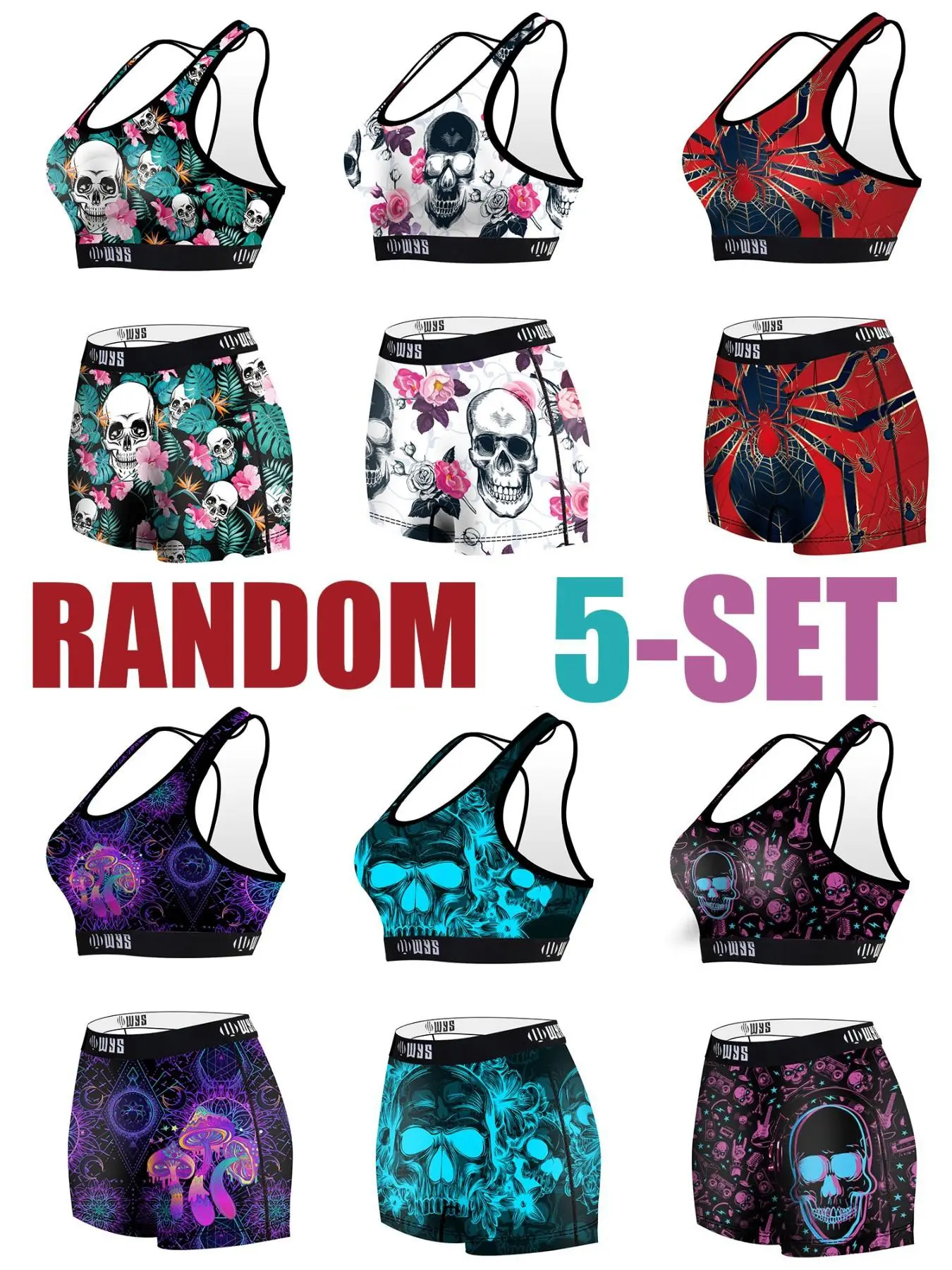 Random 5 Sets Women's Sports Bra and Briefs Set, Comfortable Breathable Elastic Gym Wear, Sportswear for Gym, Workout Running Clothes, Fitness Clothes, Halloween Skull Print High Waist Shorts, Activewear Set Fitness Clothing