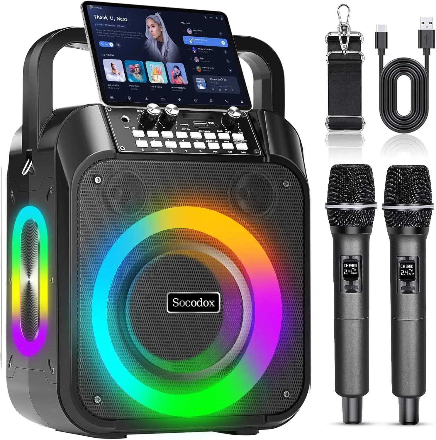 Socodox Karaoke Machine - 60W Portable Bluetooth Speaker with 2 Cordless Microphones, 6000mAh Battery 12H Playtime, TWS Stereo, RGB LED Light, Dual Bass Boost PA Sound System, Audios for Parties, Adults