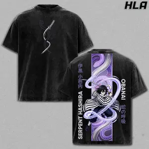 Obanai Iguro Wash Tee, Demon Slayer Anime Graphic Shirt, Heavy Cotton Acid Washed T-Shirt, Double Printed Oversize Top, Unisex Casual Streetwear, Oversized Anime Print T-Shirt, Graphic, Gift For Anime Fan