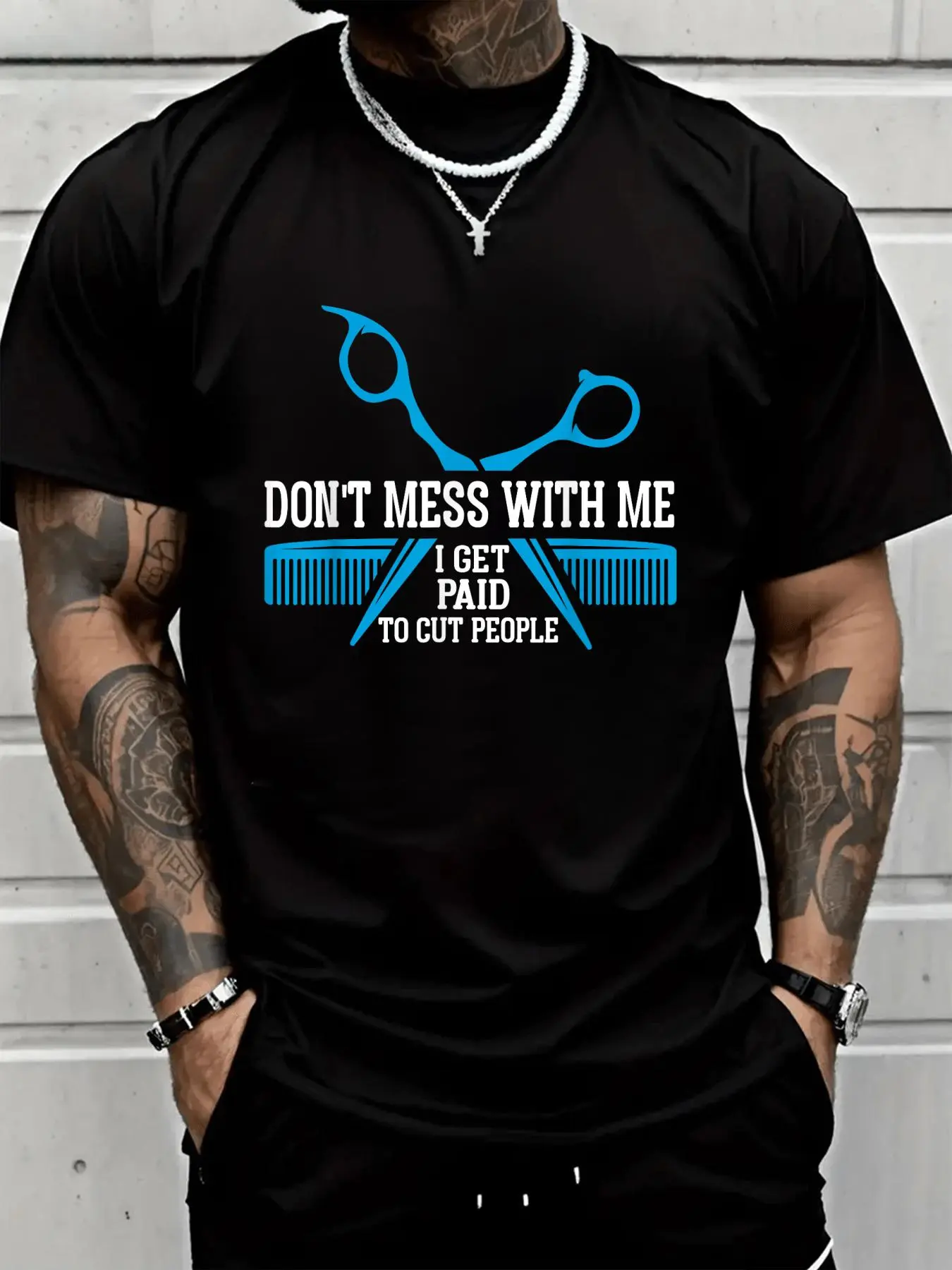 Menswear Tops 100% Cotton Unisex Short-Sleeve Loose Barber T-Shirt, Funny "I Get Paid to Cut People's Hair" Hairstylist Graphic, Breathable, Spring-Summer Essential, Jackets
