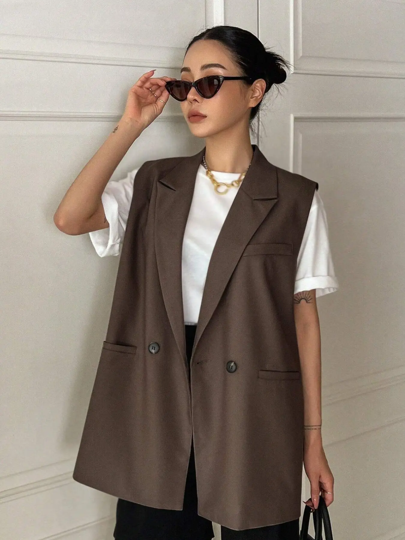 [Graduation Season]Women's Classic Longline Blazer Vest, Plain Color Waistcoat, Anti-Wrinkle Fabric, Slimming Fit, Suitable for Formal Office Commute, Business Meetings, Casual Streetwear, Clothing
