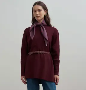 Modest Muslim Women's Asymmetric Cut Knit Sweater - 55048 Burgundy Red