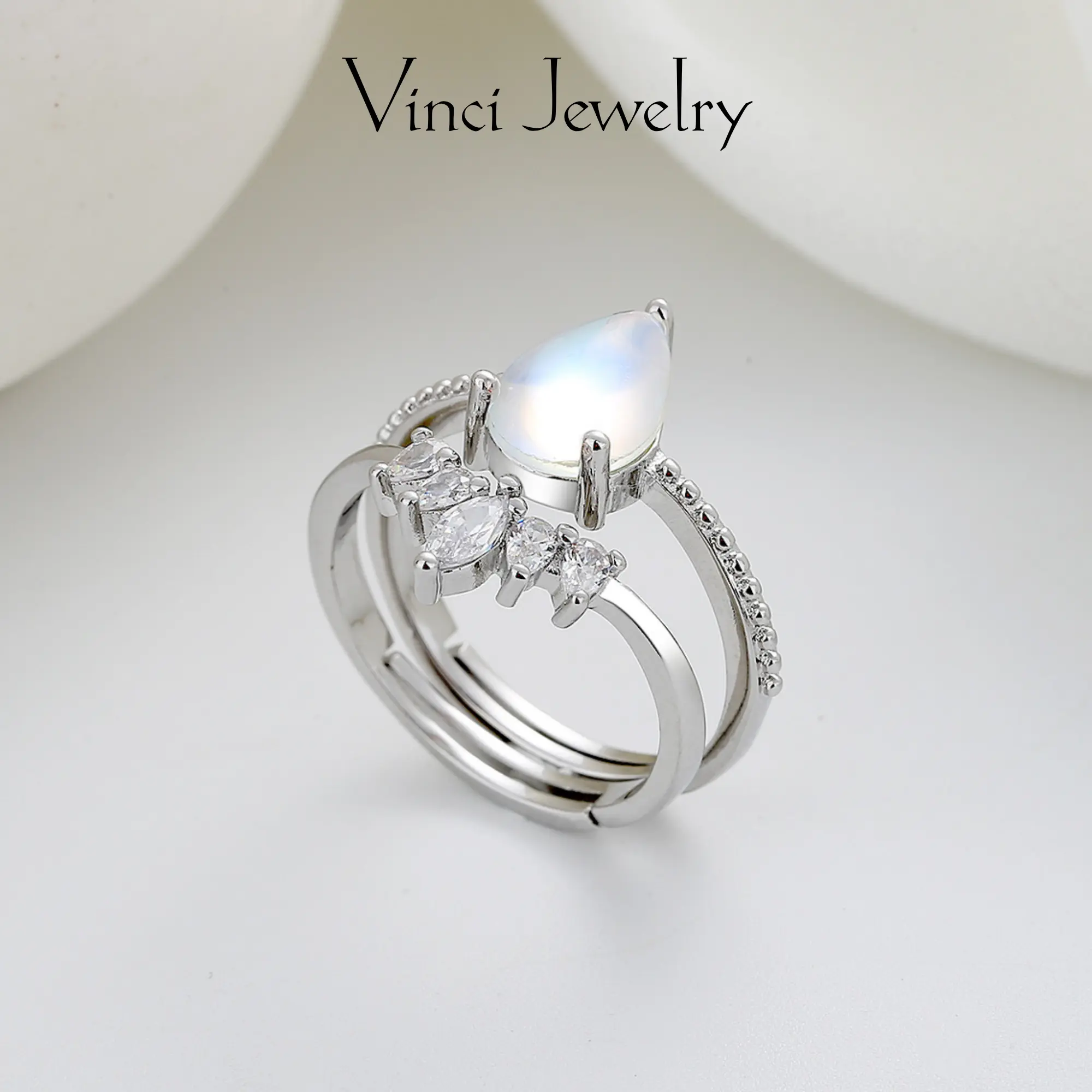 Elegant Synthetic Moonstone Ring with Sparkling Lab Grown Diamond, Romantic and Luxurious Engagement Ring, Set Promise Wedding Couple Moon Ring Jewelry Gift for Women, Perfect for Party and Daily Wear, Birthday Christmas Valentine's Day Gift Bridal Rings