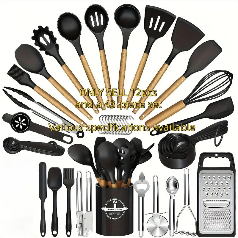 43-Piece Silicone Kitchen Utensils Set, Non-Stick BPA-Free Non-Toxic Specialty Kitchen Utensils Cooking Tools with Wooden Handles, Heat-Resistant and Easy to Clean, Perfect Gift Idea, Top Kitchen Gadgets, Spatula Kit, Silicone Spatulas