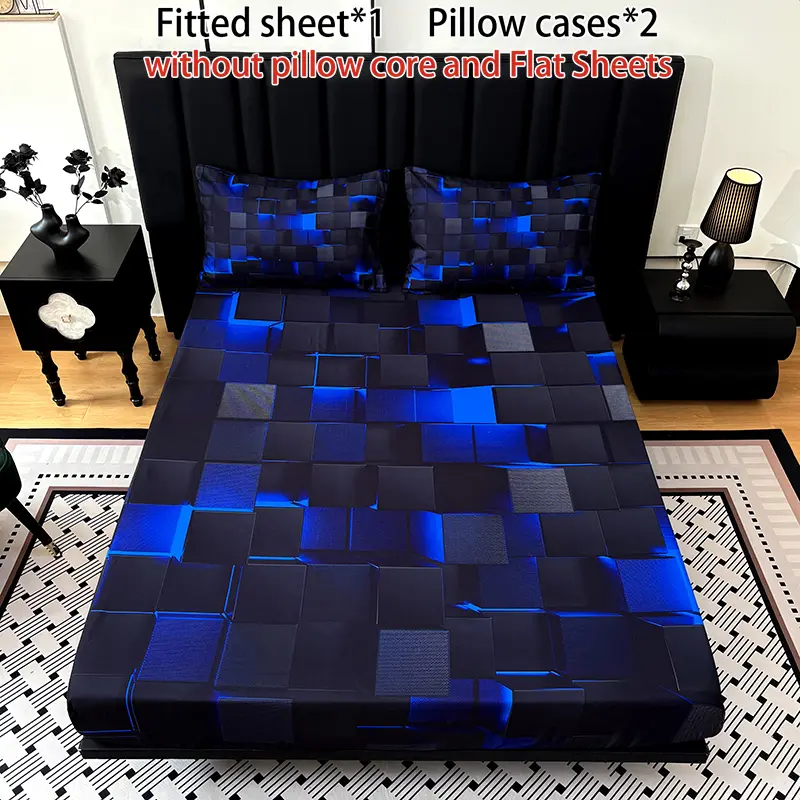 [Weekly Deals] 3-piece multi-pattern fitted sheet set (fitted sheet*1 +Pillow cases*2),deep pocket 15 inches machine washable,low allergenic,high quality mattress protector for bedrooms,dorm rooms,HD printed all-season room decoration Reversible summervib