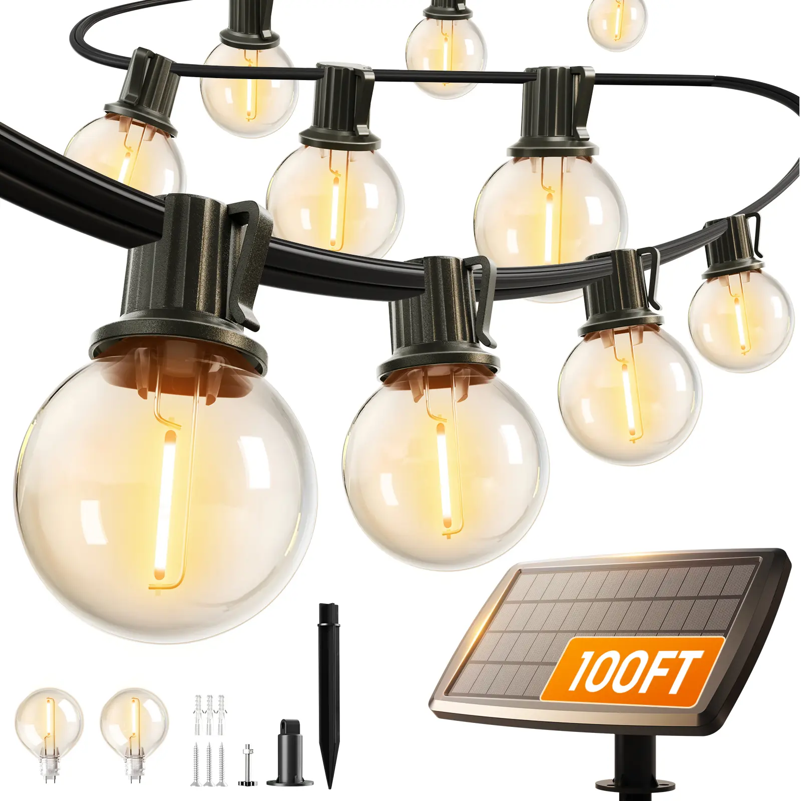200/150/100/50ft Solar LED String Lights Waterproof - G40 Shatterproof Edison Bulbs, Dimmable, Dusk to Dawn, 4400mAh Solar Powered Indoor/Outdoor Lighting for Garden, Porch, Patio, Balcony, Camping, Backyard, Party & Holiday