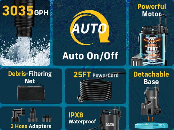 SEESII 1/3HP Pool Cover Pump Automatic On/Off 3035GPH Submersible Water Pump with Filter Net 25ft Cord Check Valve for Swimming Pool Hot Tubs Pond#SummerVibes SEESII 1/3HP Pool Cover Pump Automatic On/Off 3035GPH Submersible Water Pump with Filter Net 25ft Cord Check Valve for Swimming Pool Hot Tubs Pond#SummerVibes