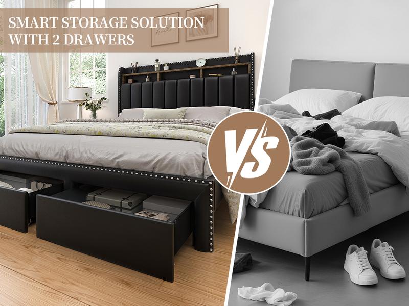 SIBEDS Queen LED Bed Frame with Storage Drawers Modern Platform Bed with 2-Tier Linen Upholstered Wingback Headboard Channel Tufted Rivet Detail No Box Spring Needed SIBEDS Queen LED Bed Frame with Storage Drawers Modern Platform Bed with 2-Tier Linen Upholstered Wingback Headboard Channel Tufted Rivet Detail No Box Spring Needed