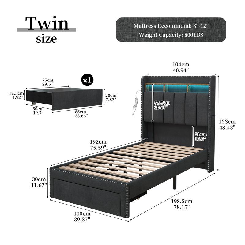 SIBEDS Queen LED Bed Frame with Storage Drawers Modern Platform Bed with 2-Tier Linen Upholstered Wingback Headboard Channel Tufted Rivet Detail No Box Spring Needed