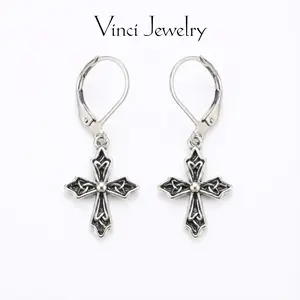 925 Vintage Cross Pendant Earrings with Celtic Knot Pattern Design, Unique Hoop Drop Earrings and Spiritual Protection Jewelry Gift for Women, Birthday Valentine's Day Gift, Daily Wear and Party Jewelry