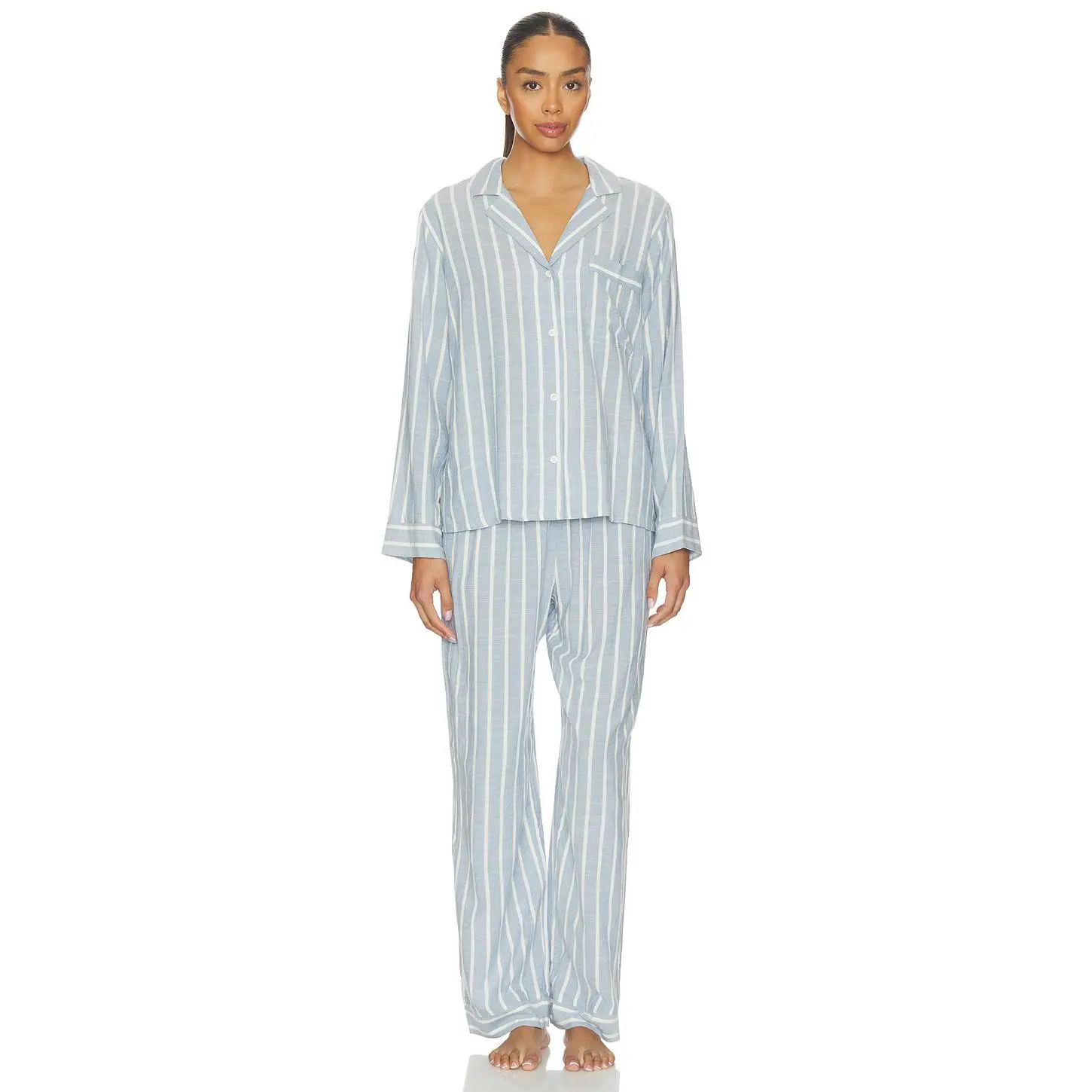 eberjey Nautico Long Pajama Set in Classic Stripe Slate Blue & Ivory