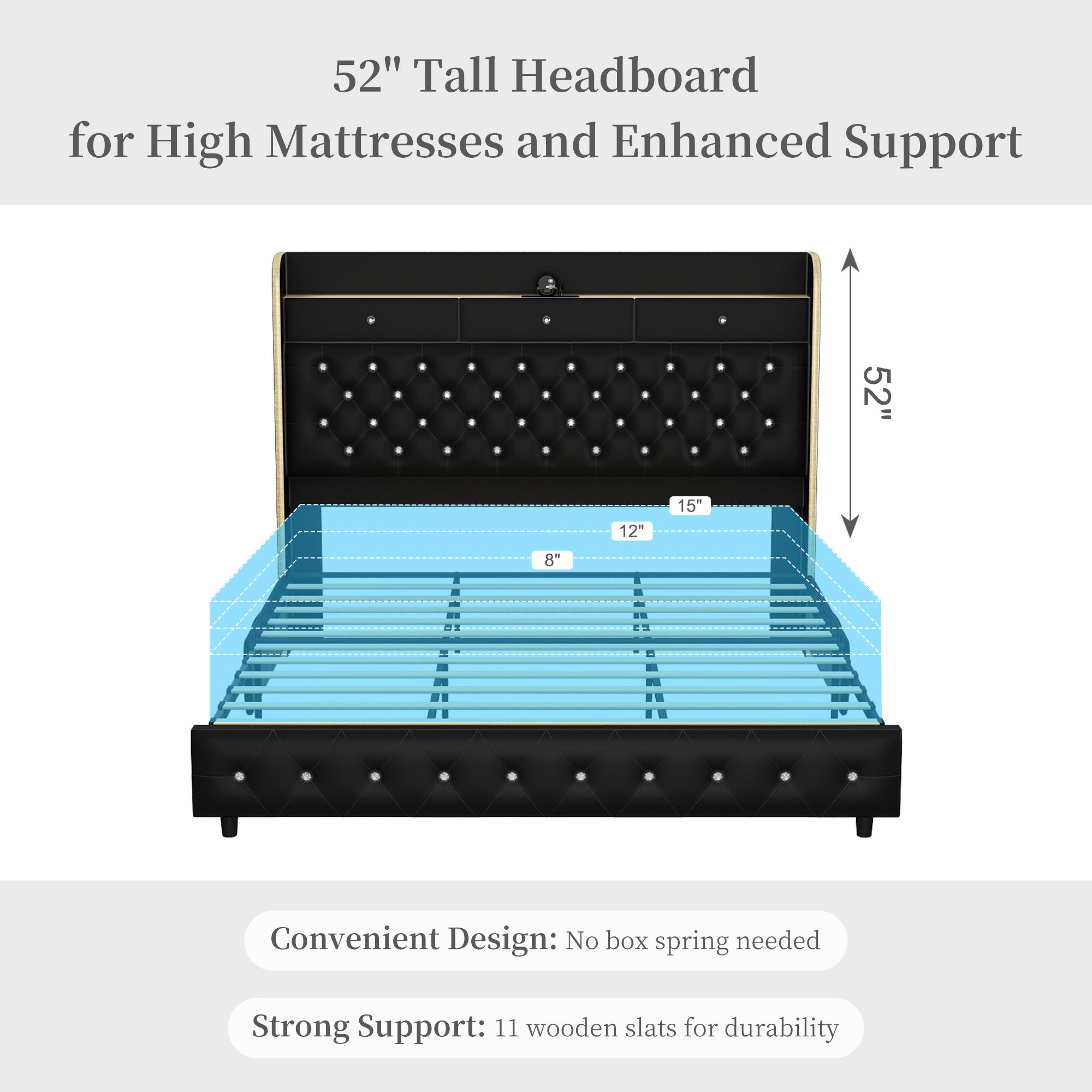 Modern Queen LED Bed Frame with Galaxy Aurora Projector, 52" Upholstered Headboard with Charging Ports, 2 Storage Drawers, Noise-Free Platform, No Box Spring Needed – White / Black / Gray PU Leather