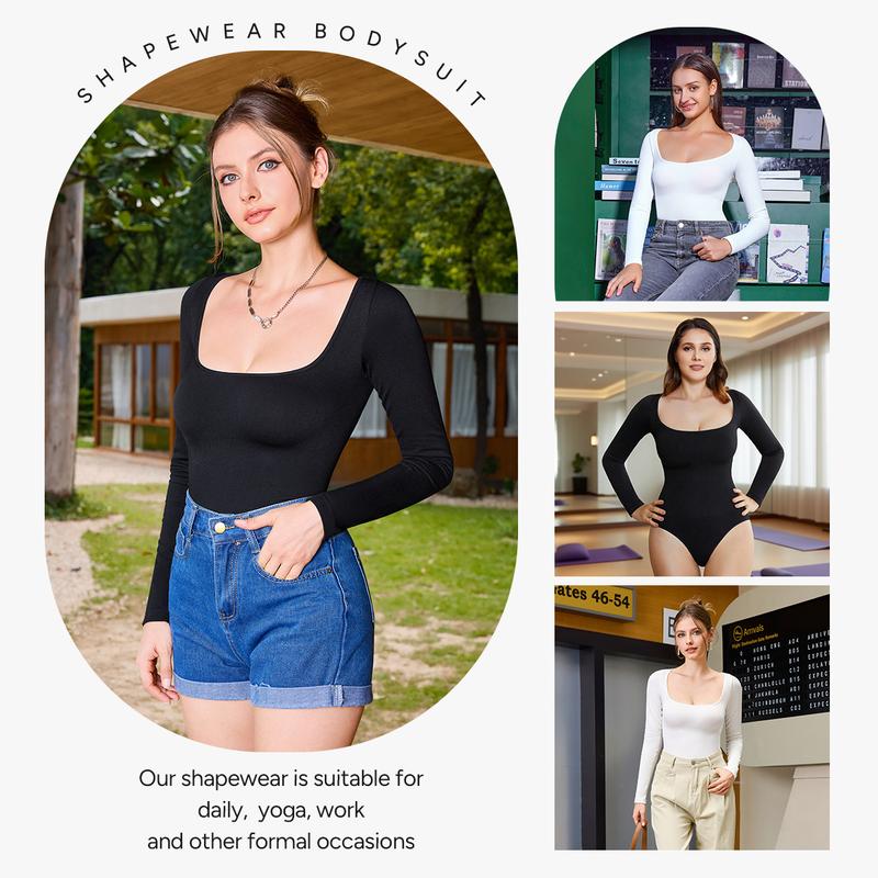 Nebility Women's Minimalist Slim-Fitting Long Sleeve Square Neck Bodysuits for Going Out Basic Leotards Outfits Shirt Tops Womenswear