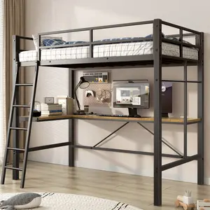 Noise Free & Sturdy Loft Bed with Study Desk, Extra High Safety Rail & Ergonomic Ladder, for Adults/Teens, Space Saver