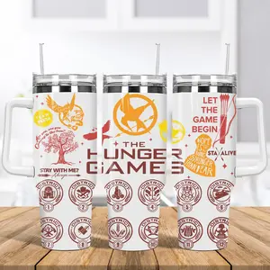 The Hunger Games 40oz Tumbler with Handle | Mockingjay & District Symbols Insulated Travel Mug with Straw | Perfect Fan Gift for Book & Movie Lovers