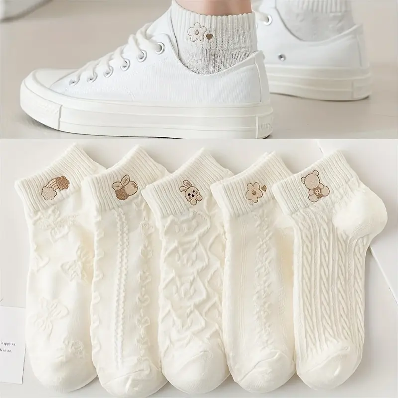 Women's Ankle Socks, 5 Pairs in Mixed Colors, Cute Minimalist Embroidered Design, Breathable Comfy for Casual & Bridal Style, Anklesocks, Breathable Comfy Socks, Five Pairs Of Mixed Colors