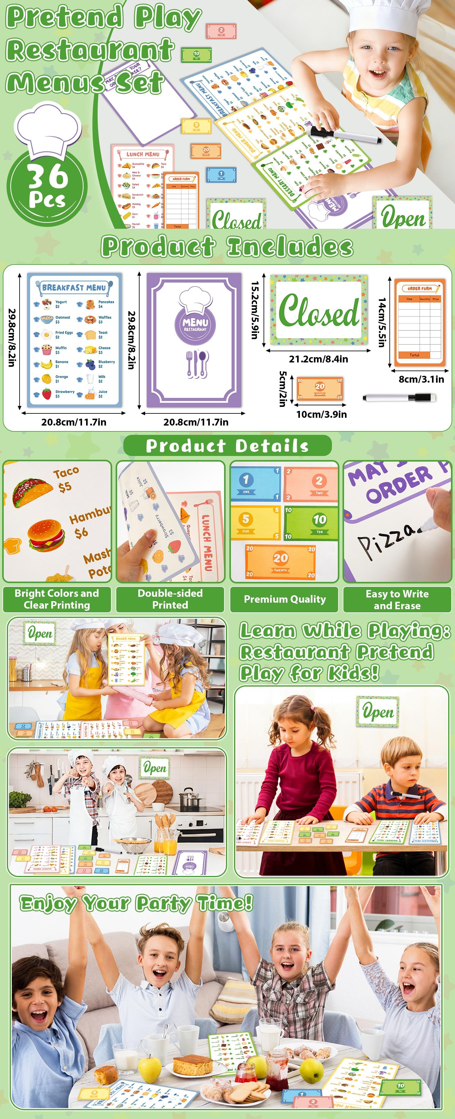 GISGFIM 36Pcs Pretend Play Restaurant Menus Set for Kids Kitchen Food Diner Order Pads 4 Pretend Menus 1 Open/Close Sign 30 Play Money 1 Erasable Pen for Toddlers Girl Boy Role Plays Accessory Birthday Gift