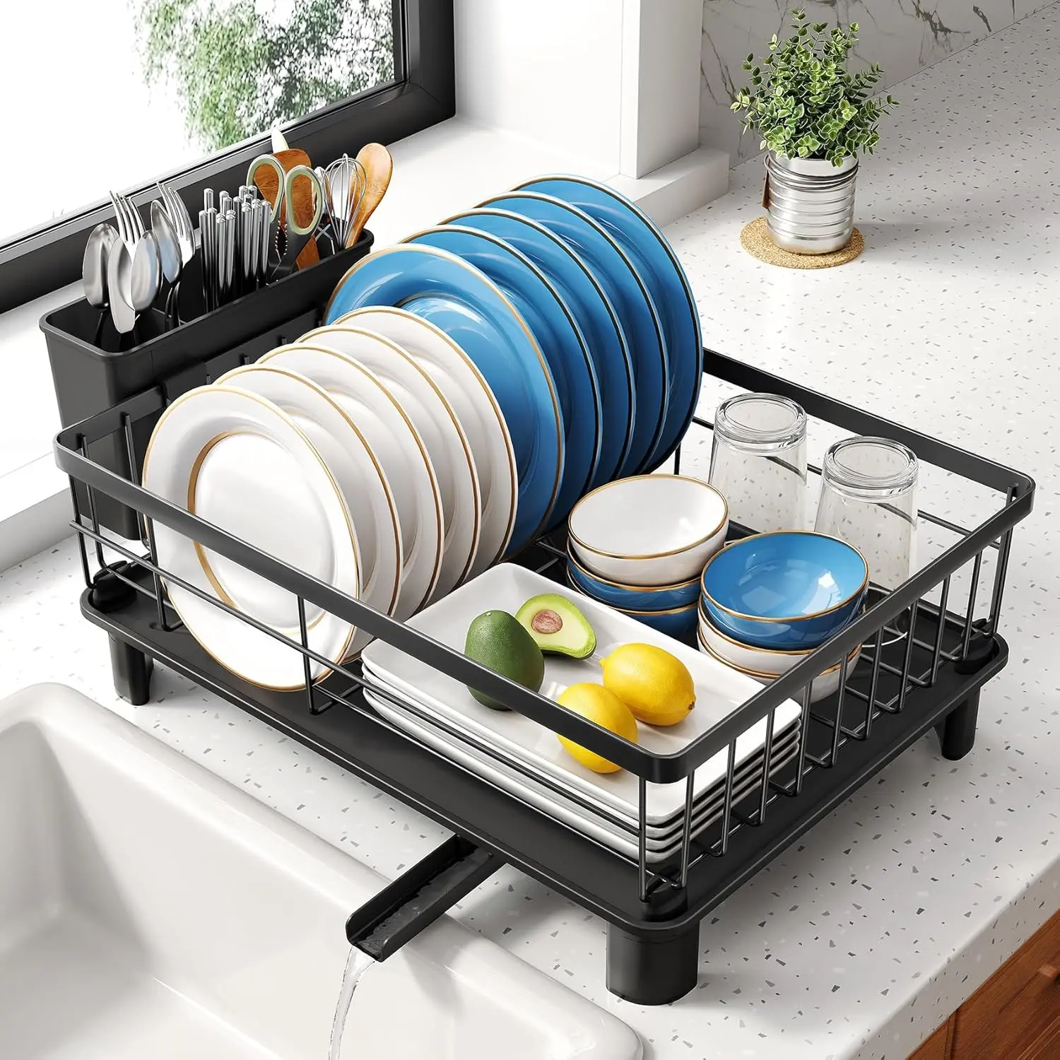 Dish Drying Rack - Space-Saving Dish Rack for Kitchen Counter, Stainless Steel Dish Drainer with Utensil Holder and Drainboard, 11" W x 15" L (Black)