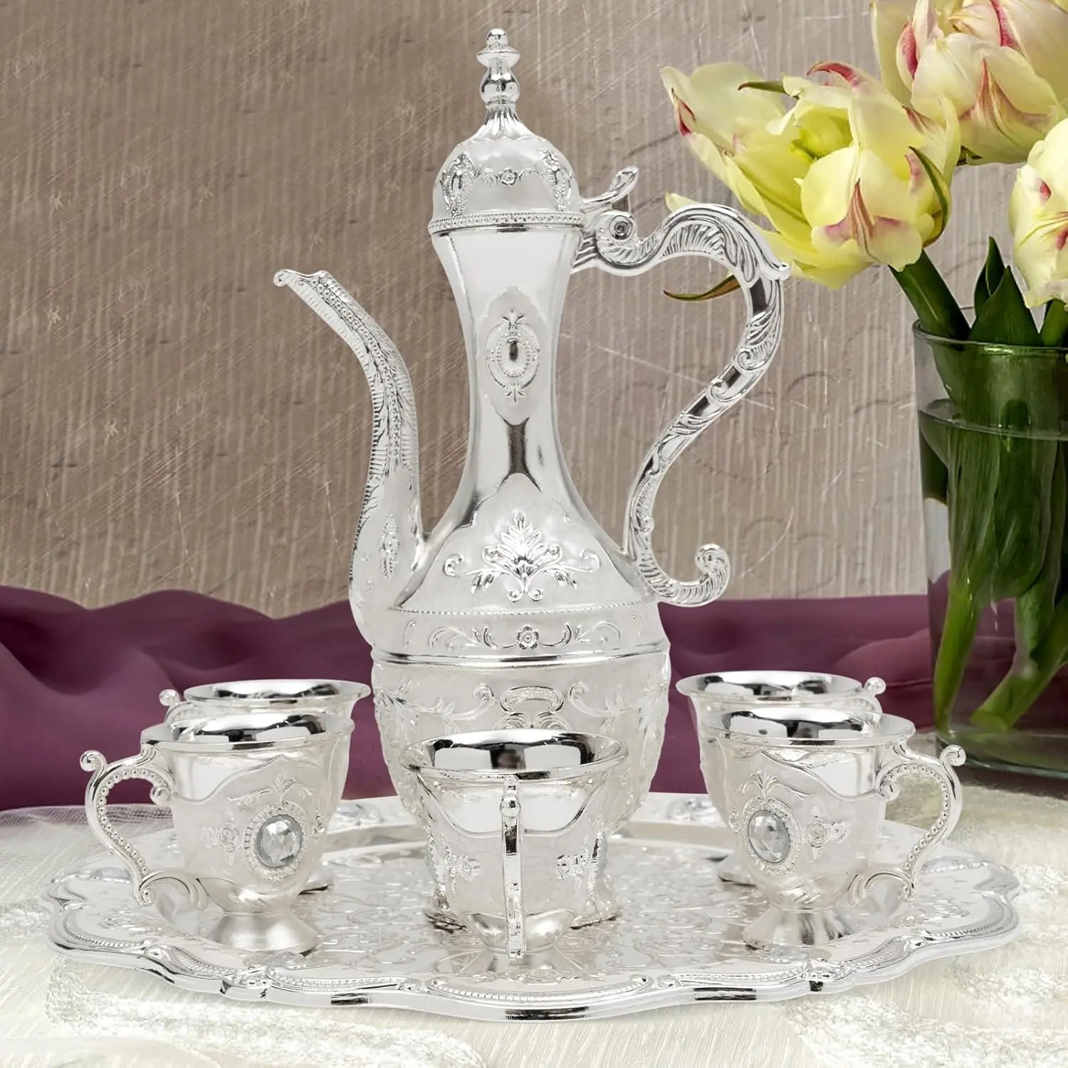 Vintage Retro Zinc Alloy Turkish Tea & Coffee Set - 250ml/8.45oz Anti-Scalding Pot with Dragon Handle, 6x30ml/1.01oz Cups, Silver Carved Cover, European Spout, Tray, Traditional Art Design for Home, Office (Serves 6-10 People)