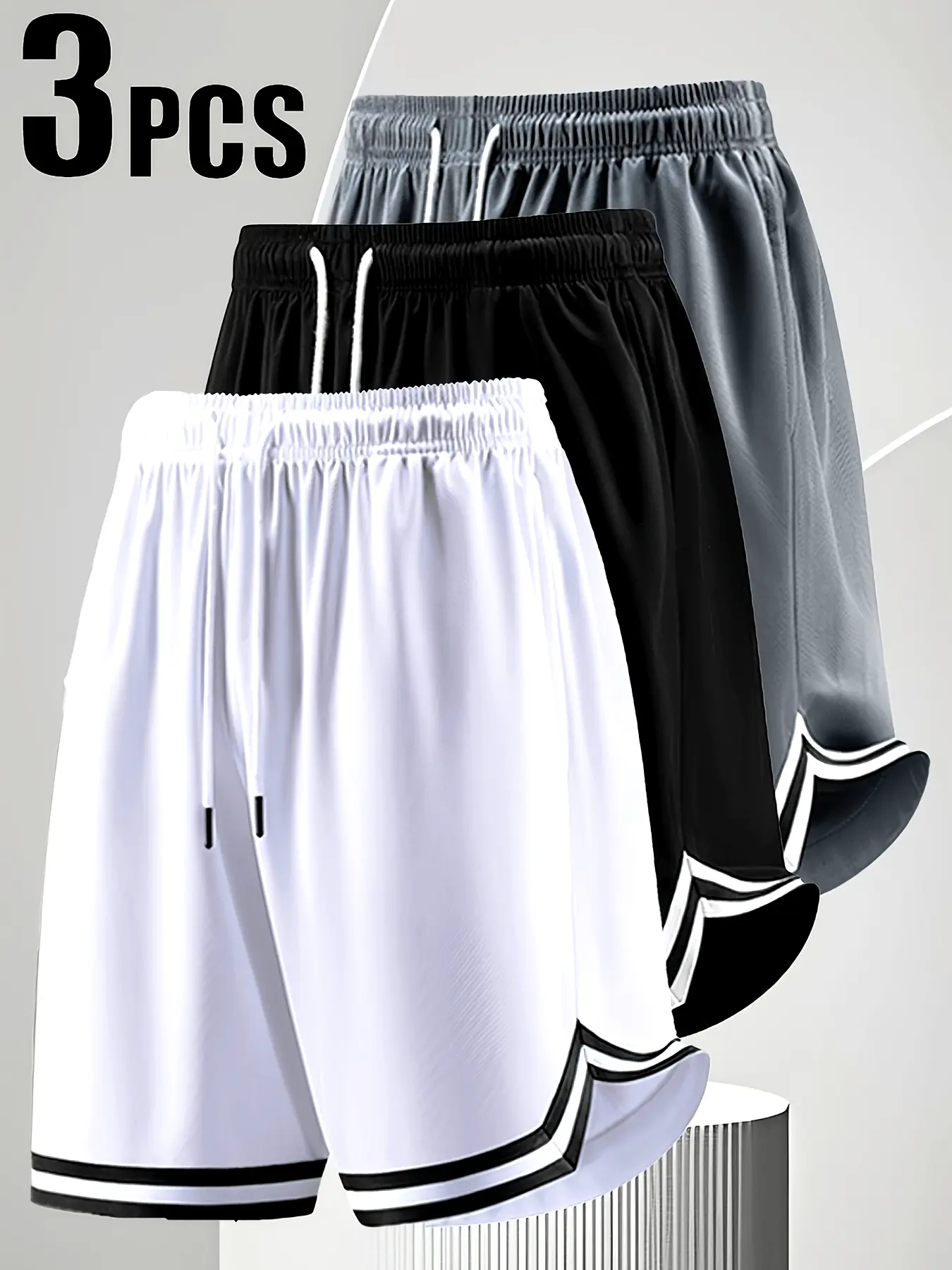 Men’s 3-piece shorts set—comfortable, breathable, casual design, solid color, regular fit, drawstring waist; suitable for basketball, running, sports, and everyday wear.