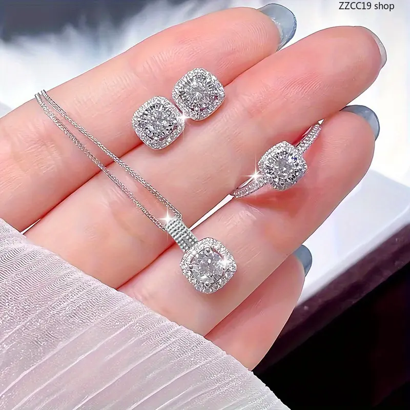 Women's 3-Piece Halo Costume Jewelry Set - Cushion-Cut Cubic Zirconia Necklace, Earrings, Ring, Affordable Fashion Accessories for Women with Bling Effect, Feminine Energy, High Fire Bridal & Evening Gown Use, Evening Wear, Classic, Women's Wedding
