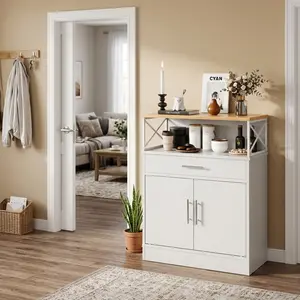 Walsunny Farmhouse Buffet Sideboard, Kitchen Storage Cabinet with Adjustable Shelves and Drawer, Coffee Bar Floor Book Cabinet, White Adjustable Metal